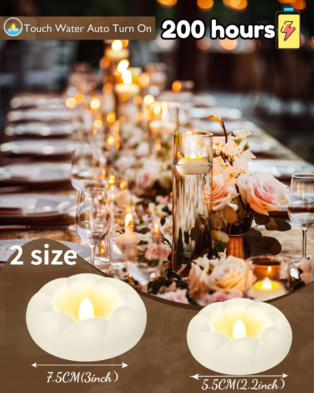 Two white ceramic floating LED tealight candles shown with dimensions 7.5cm and 5.5cm.