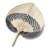 A peach-shaped bamboo woven hand fan with a layered pattern of light and dark natural fibers.
