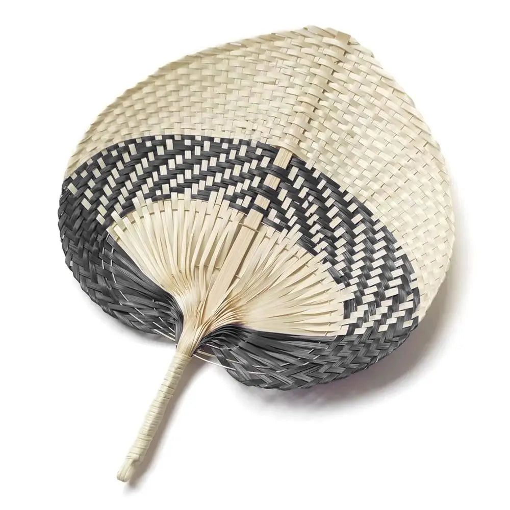 A peach-shaped bamboo woven hand fan with a layered pattern of light and dark natural fibers.