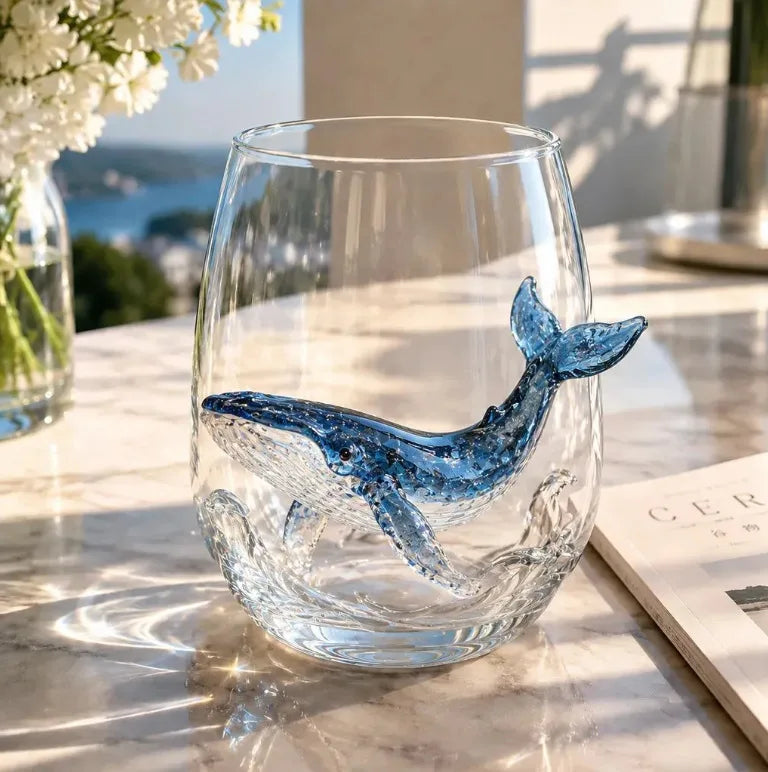 A clear glass wine glass filled with blue-colored octopus decor resting on a marble surface.