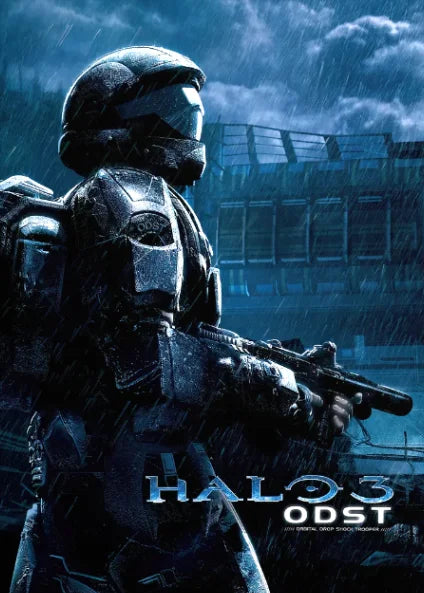 A dark, armored figure in tactical gear is shown against a stormy blue sky, holding a rifle.