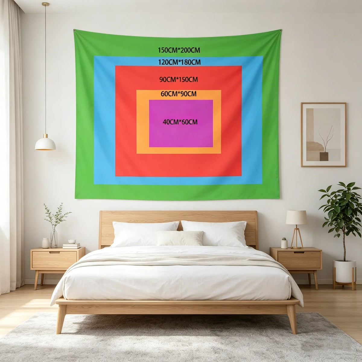 A vibrant green wall tapestry featuring nested square frames in blue, red, and orange tones above a wooden bed.