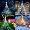 A collection of Christmas tree lights featuring star-shaped waterfall designs in various outdoor and indoor settings.