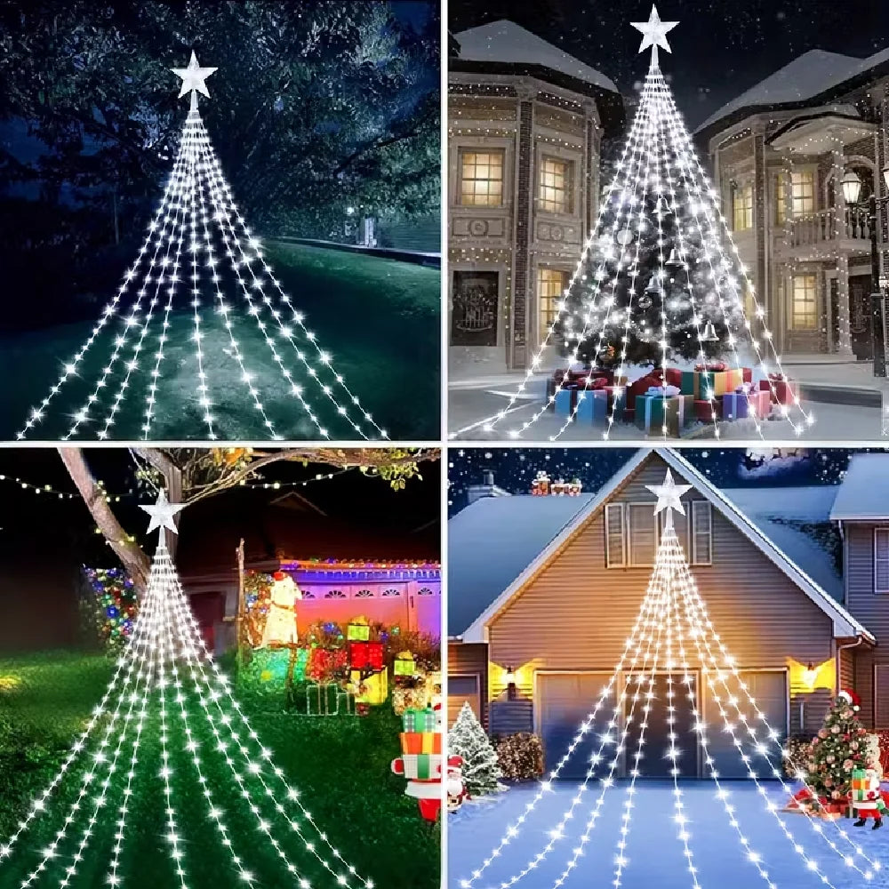 A collection of Christmas tree lights featuring star-shaped waterfall designs in various outdoor and indoor settings.