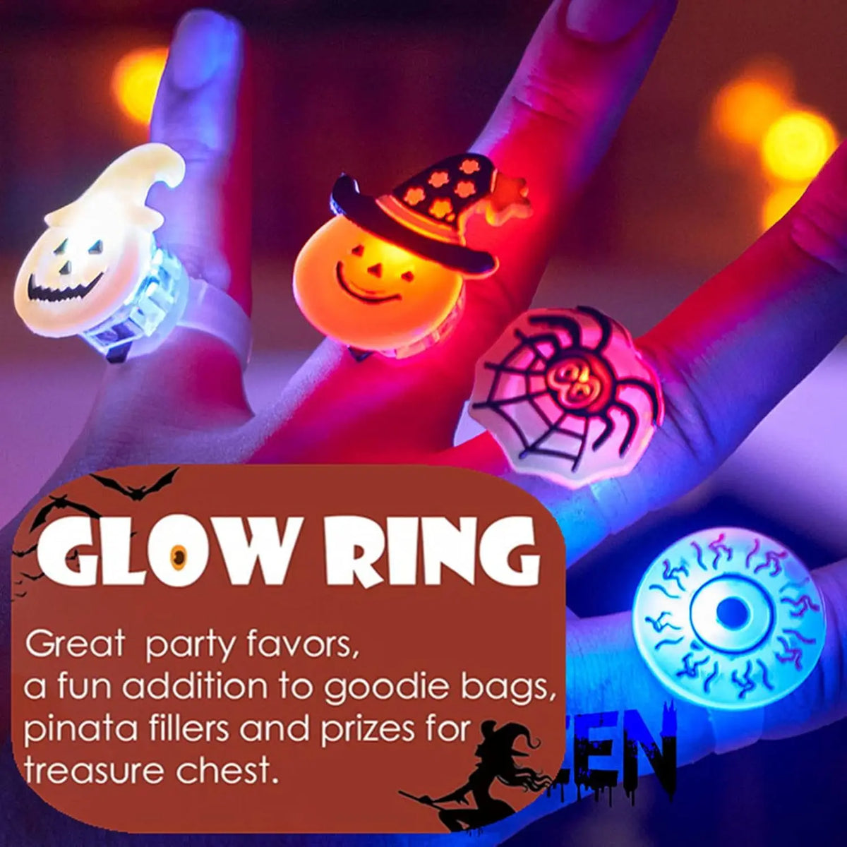 Hands hold glowing LED rings featuring Halloween designs like a pumpkin, ghost, and spider for party favors
