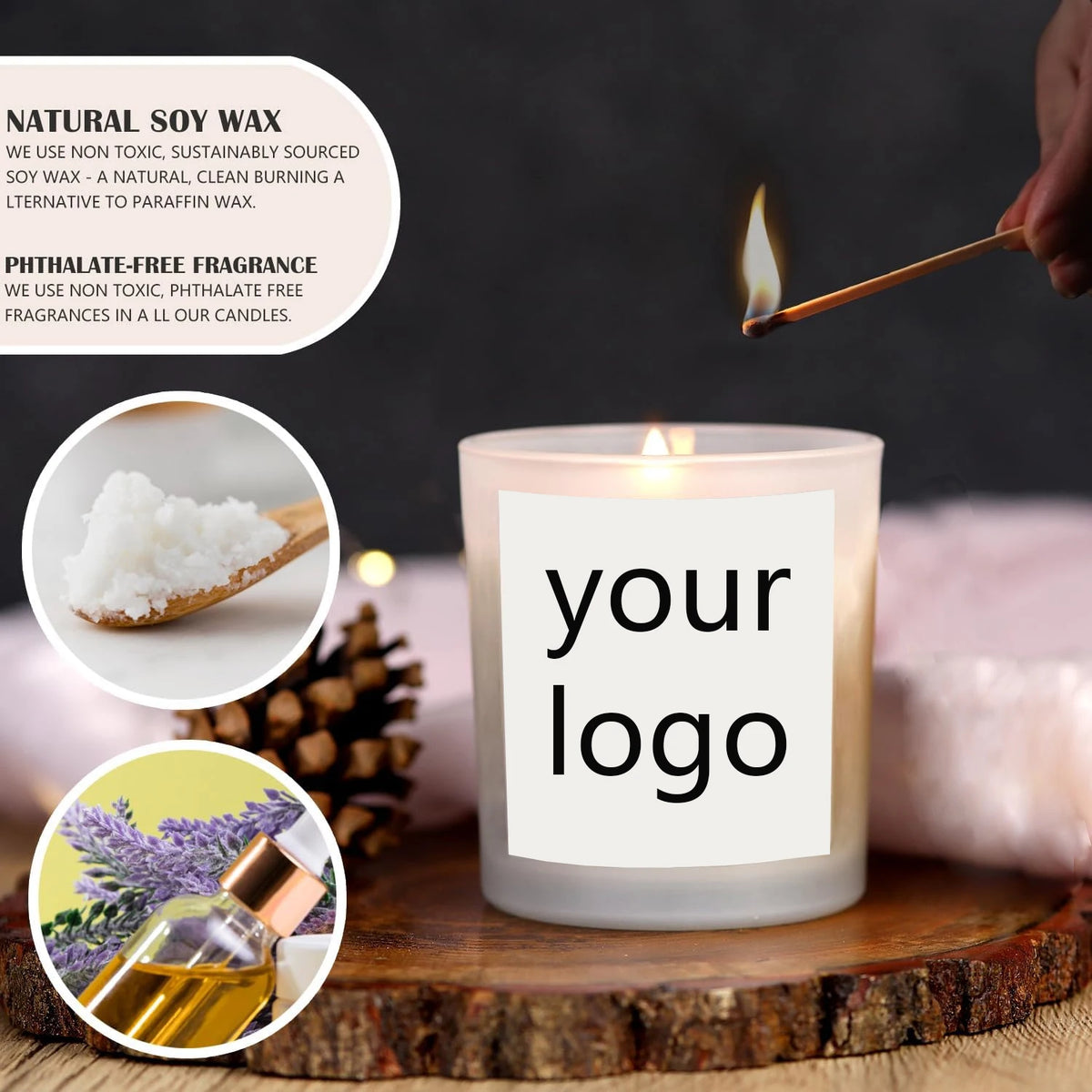 A lit soy candle in a glass jar with a custom label, surrounded by natural ingredients like pine cones and essential oils.