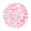 A circular arrangement of pink tissue paper bows and ribbons for disposable party tableware.