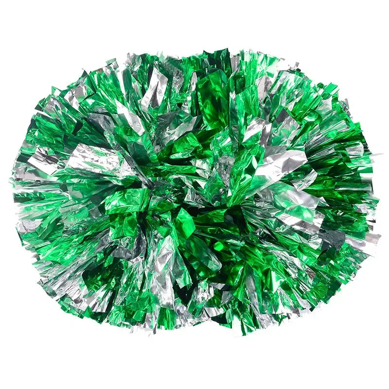 A sphere of vivid green and silver crinkled foil pom poms.