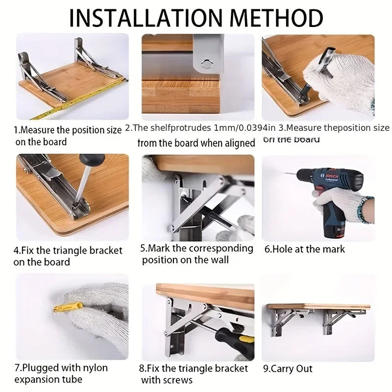 Installation method steps showing how to attach foldable wall-mounted shelf brackets to a board.