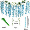 Blue silk wisteria hanging vine garland featuring white flowers and green leaves