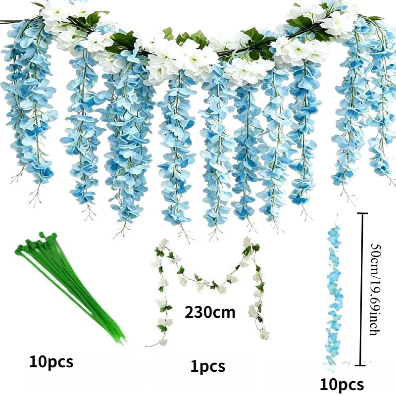 Blue silk wisteria hanging vine garland featuring white flowers and green leaves