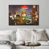 A canvas print depicting several dogs playing poker around a table in a dimly lit room.