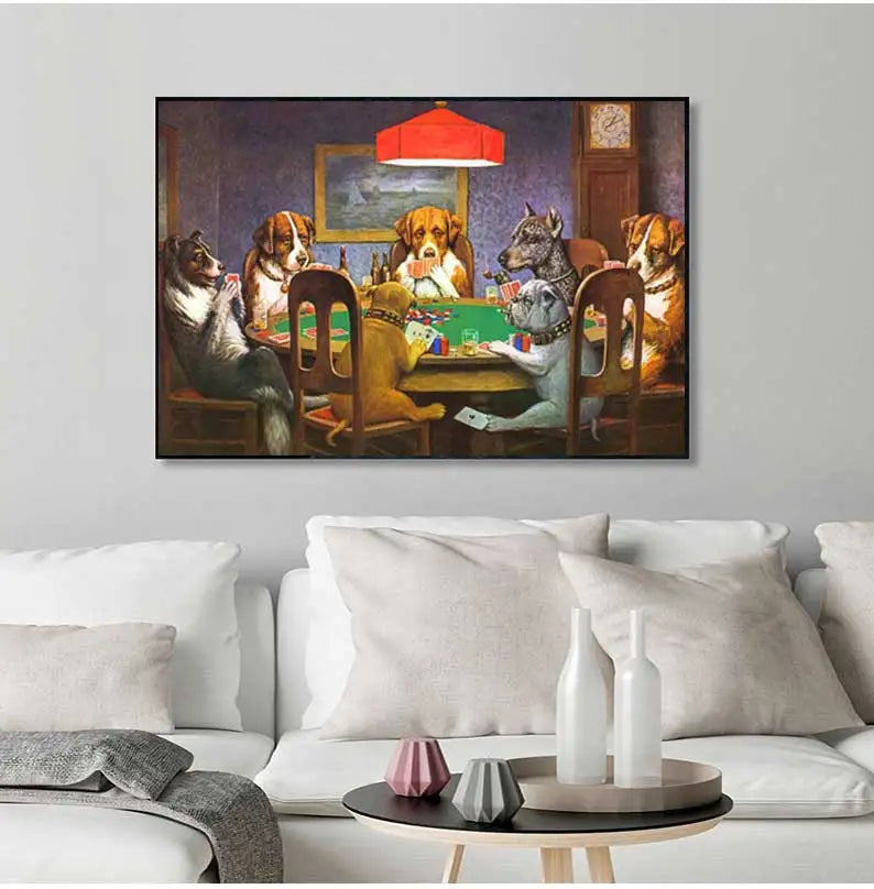 A canvas print depicting several dogs playing poker around a table in a dimly lit room.