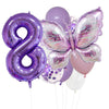 A set of purple foil balloons shaped like the number 8 and a butterfly