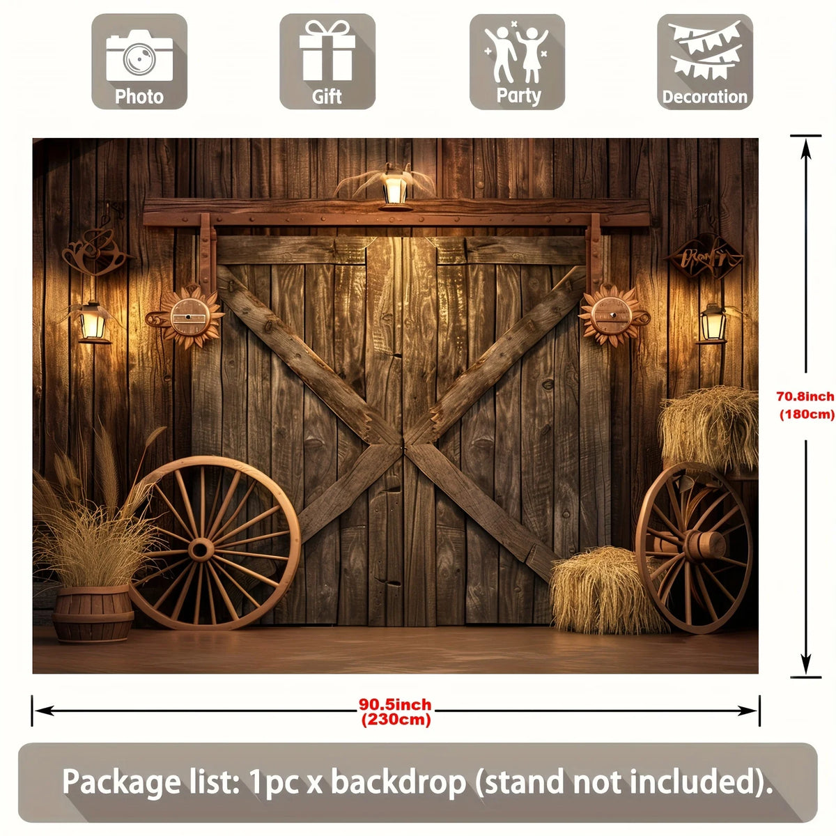 A rustic wooden cowboy backdrop featuring a weathered door, wooden beams, and decorative elements for party or photo shoots.
