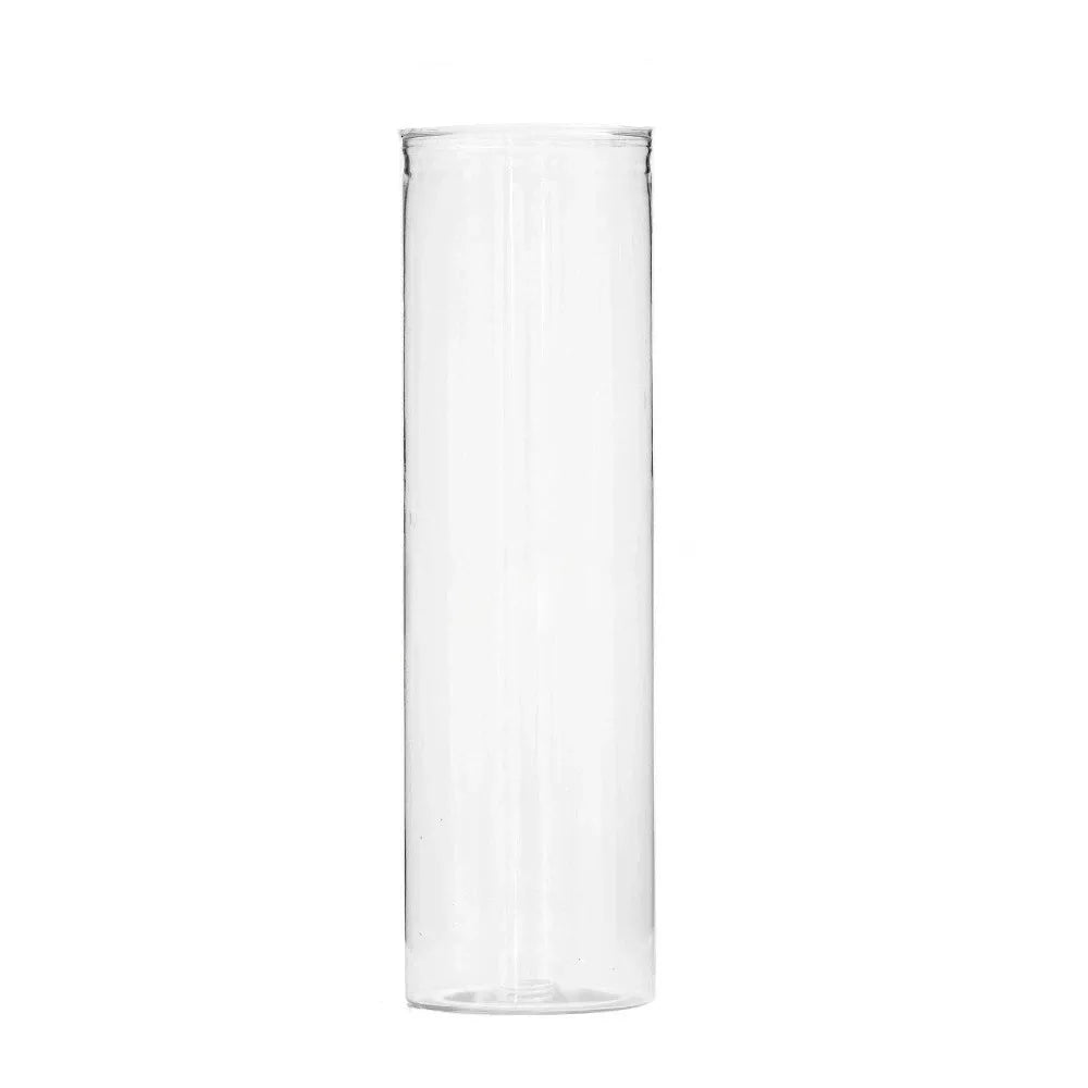 A clear glass cylinder vase for hydroponic plants or flower wrapping.