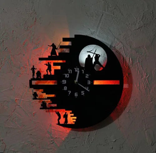 A wall clock featuring a silhouette design with an orange glow on a gray textured wall.