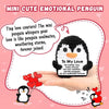 A cute emotional penguin plush doll with a hand holding it, featuring text about love and soulmates.