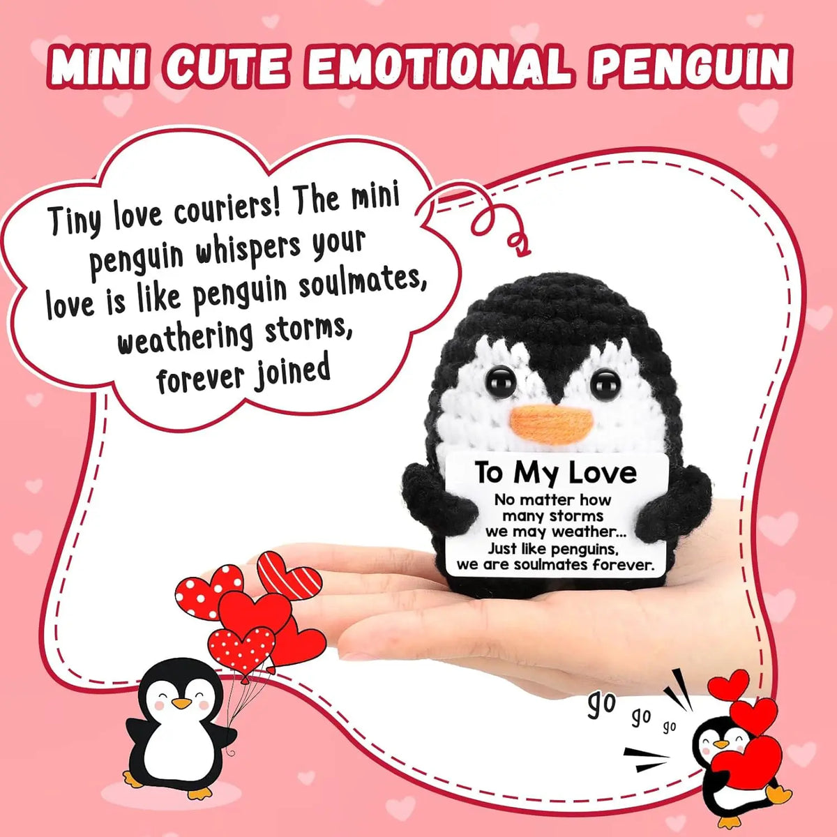 A cute emotional penguin plush doll with a hand holding it, featuring text about love and soulmates.