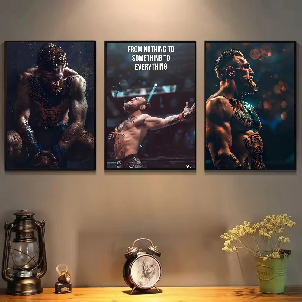 A gallery wall featuring three framed canvas prints of Conor McGregor in boxing attire.