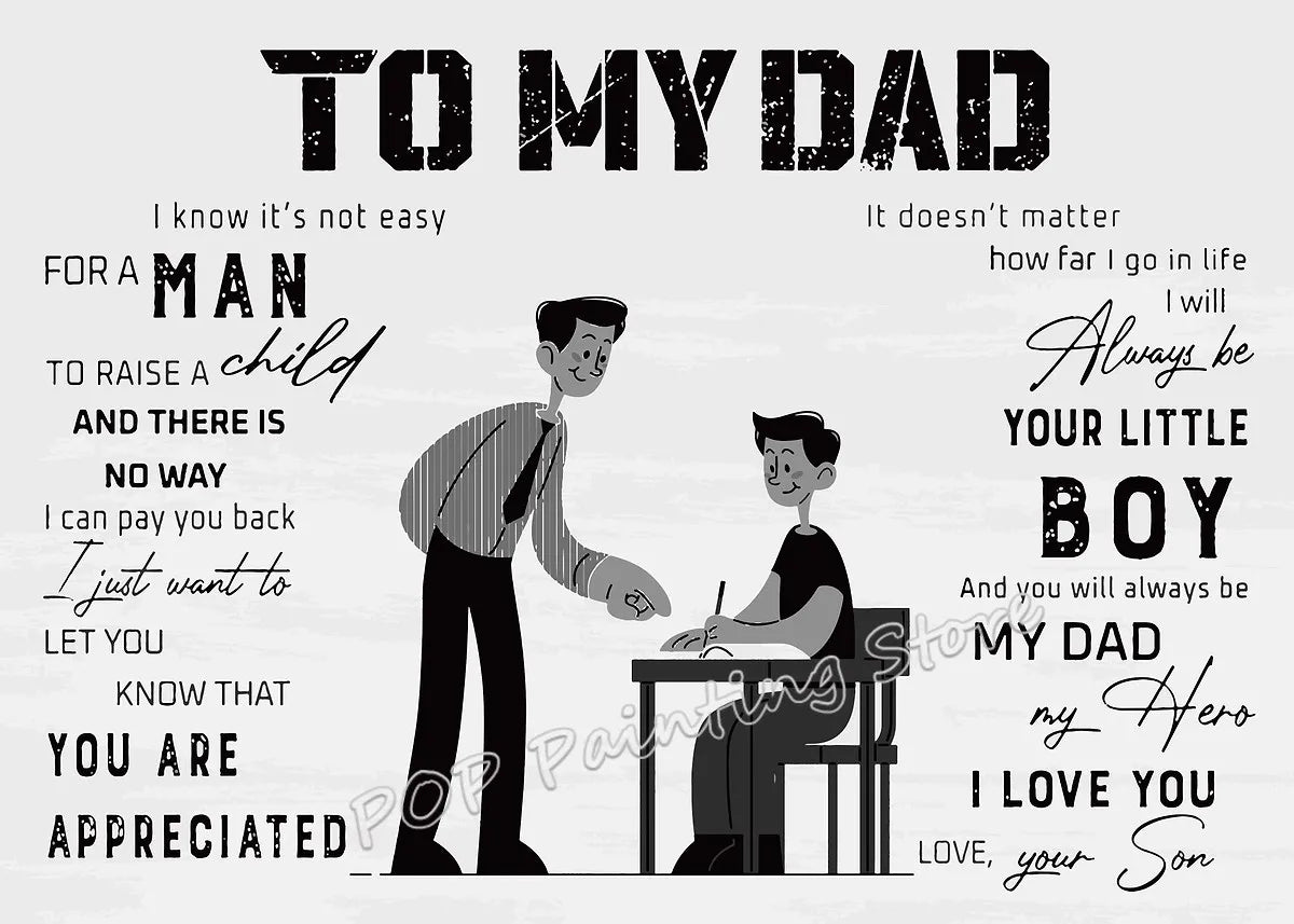 A black and white illustration of a man and a boy with text about appreciation and love for his dad.