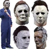 A collection of realistic horror masks resembling Michael Myers, showing different textures and facial expressions.