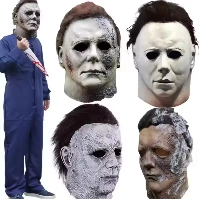 A collection of realistic horror masks resembling Michael Myers, showing different textures and facial expressions.