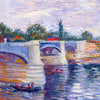 A painting depicting a bridge over water with green trees and a cloudy sky.