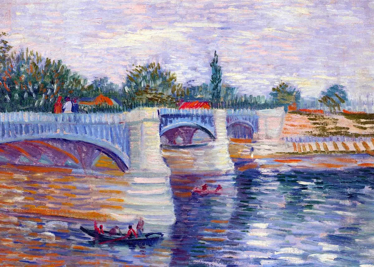 A painting depicting a bridge over water with green trees and a cloudy sky.