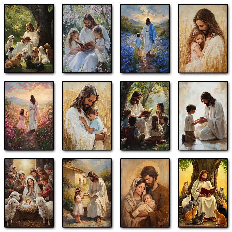 A collection of paintings depicting scenes from the Holy Family Bible reading, including Mary, Joseph, and the infant Jesus.