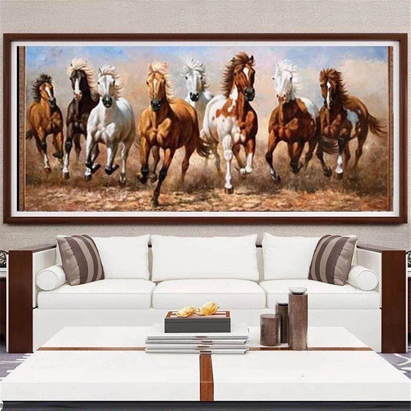 Modern canvas wall art print featuring a painting of several horses galloping across a field.