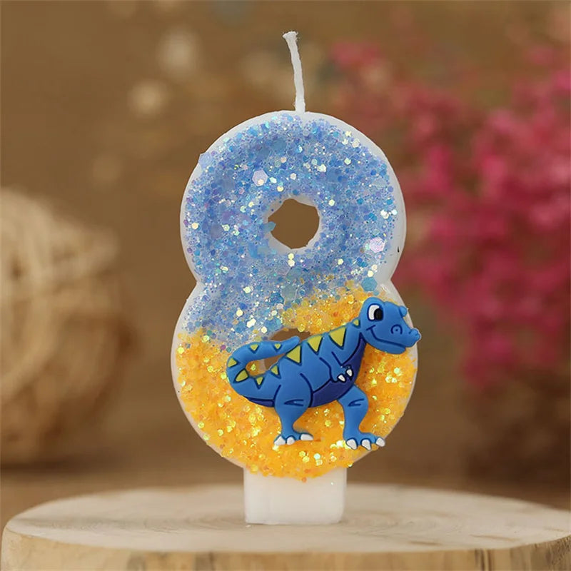 A birthday candle shaped like the number 8 featuring a blue dinosaur design and glittery blue and orange icing.