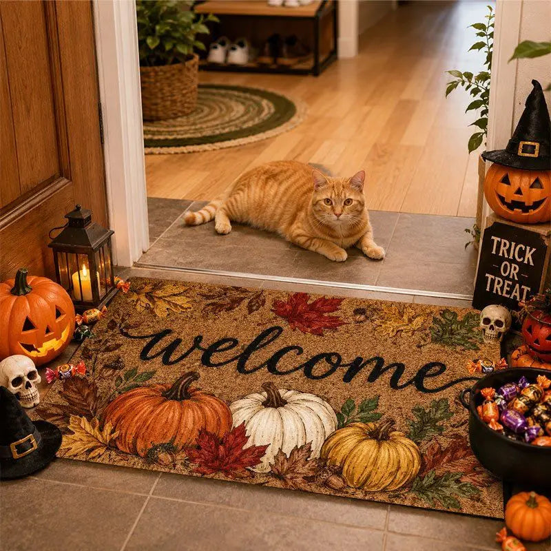 A vintage harvest pumpkin maple leaf doormat with pumpkins and leaves welcoming guests.