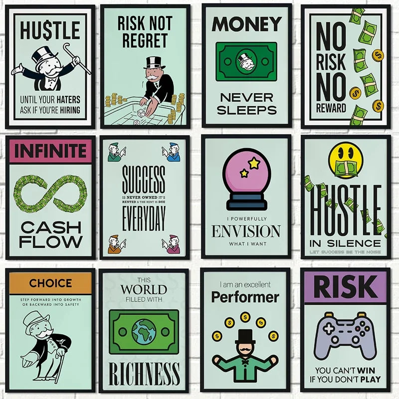 Colección de doce pósters motivacionales con temas como esfuerzo, dinero y riesgo en impresión de lienzo.