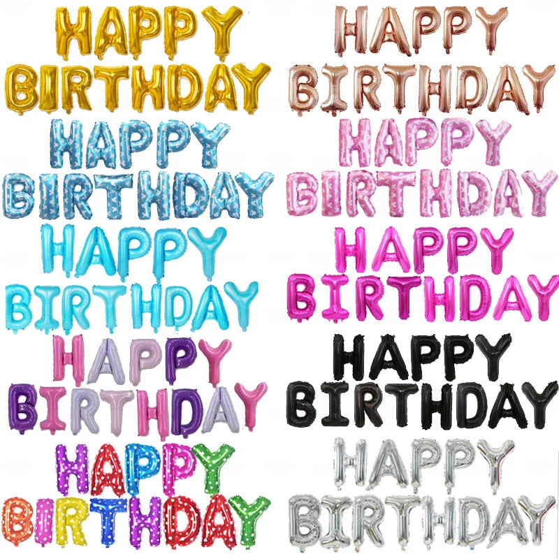 A set of thirteen foil letter birthday balloons in various colors including gold, blue, pink, purple, and green.