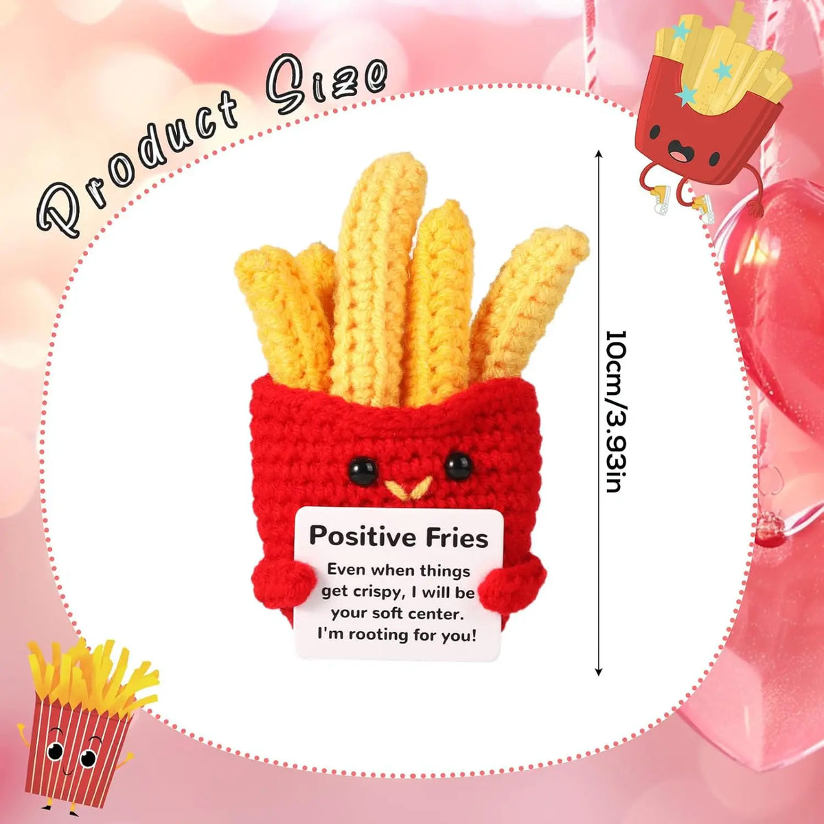 A handcrafted crochet dog doll made of red yarn, holding a bundle of yellow french fries.