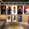 A display of five Japanese samurai-themed art prints mounted on a wooden wall.