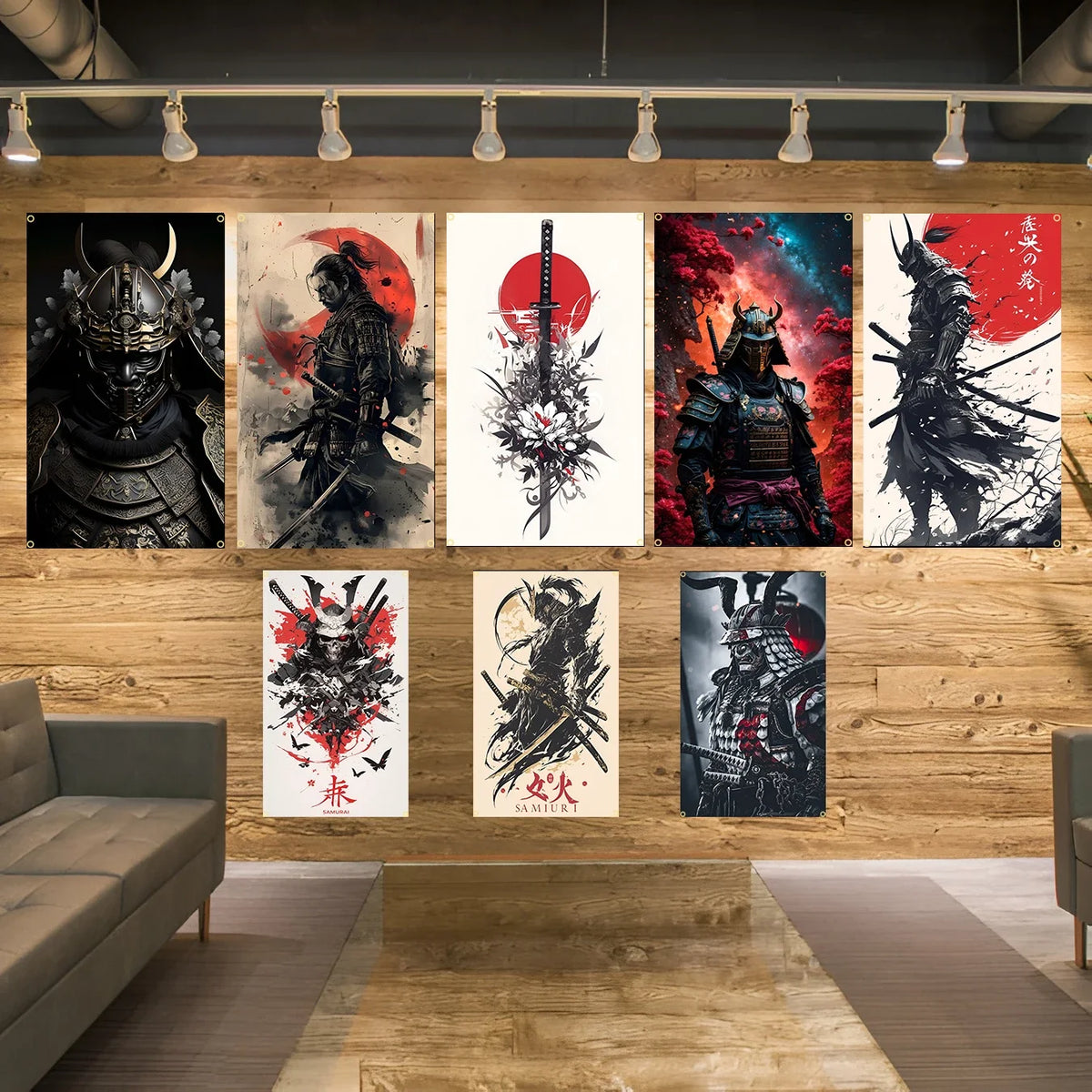 A display of five Japanese samurai-themed art prints mounted on a wooden wall.