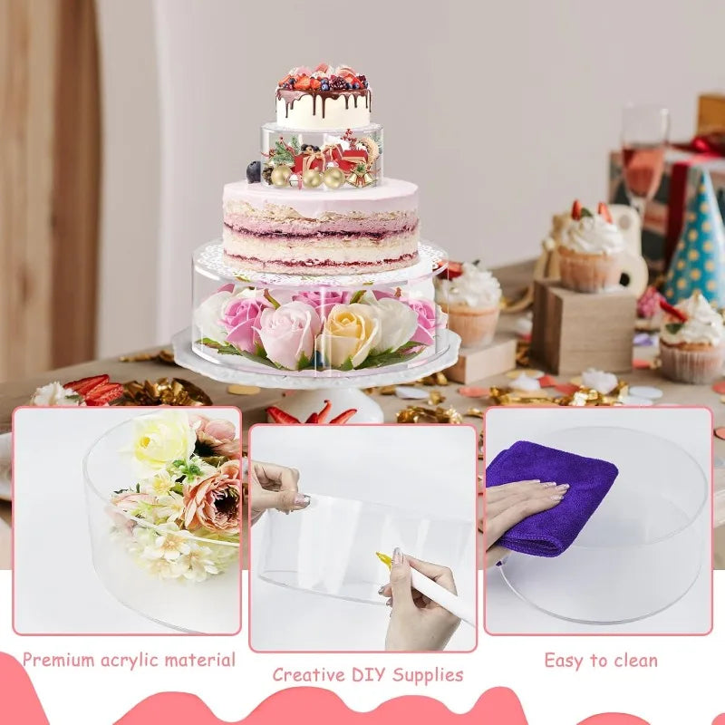 Clear acrylic cake stand display box with LED lights featuring a tiered cake decorated with fresh flowers and fruit