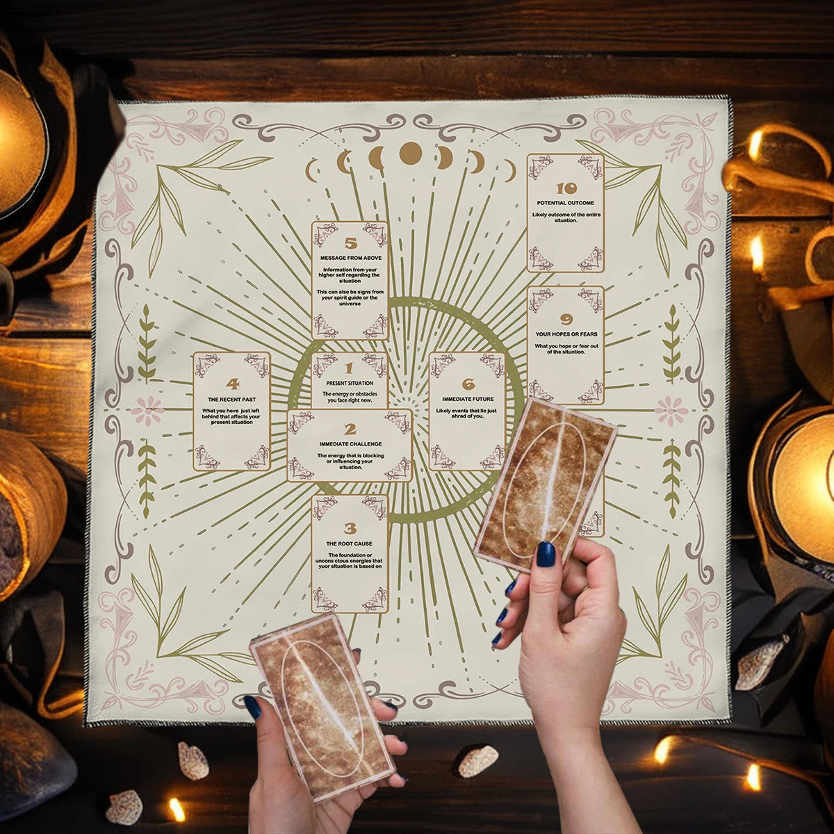 Hands hold a Celtic Cross altar cloth for tarot and divination laid on a wooden surface.