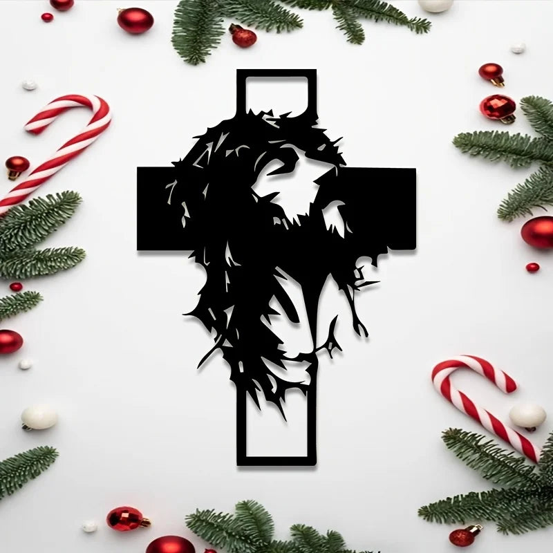 Black silhouette of a lion's head within a cross frame on a white background surrounded by festive holiday greenery and ornam