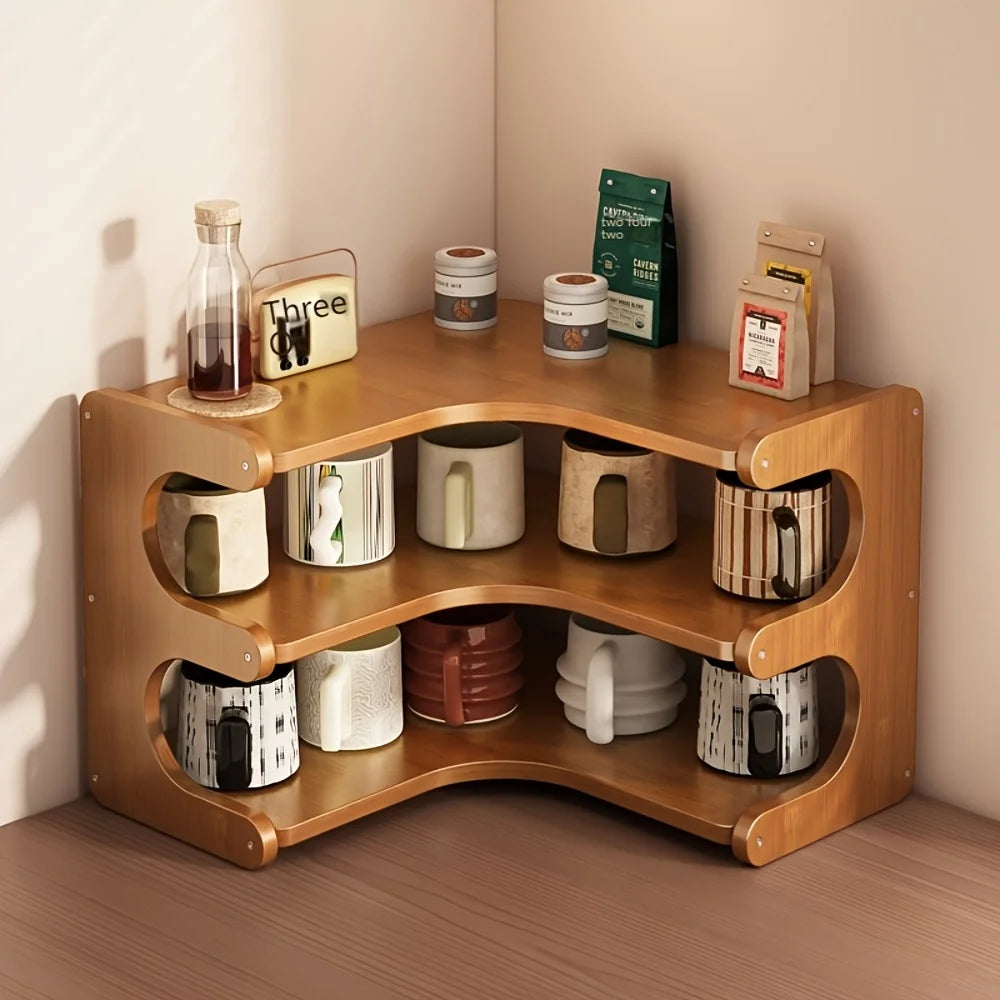 A wooden three-tier corner shelf with bamboo inserts used for storing various items like jars, books, and small plants.