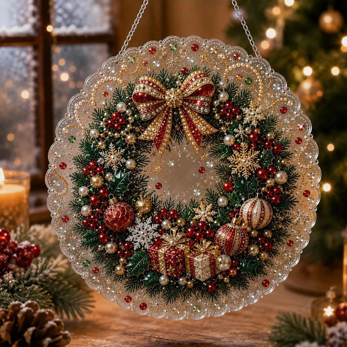 A large, ornate Christmas wreath made of glitter and fabric is displayed against a blurred holiday background.