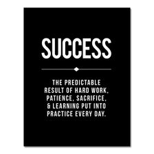 Black canvas wall art with the word SUCCESS in white text and a quote about hard work and practice.