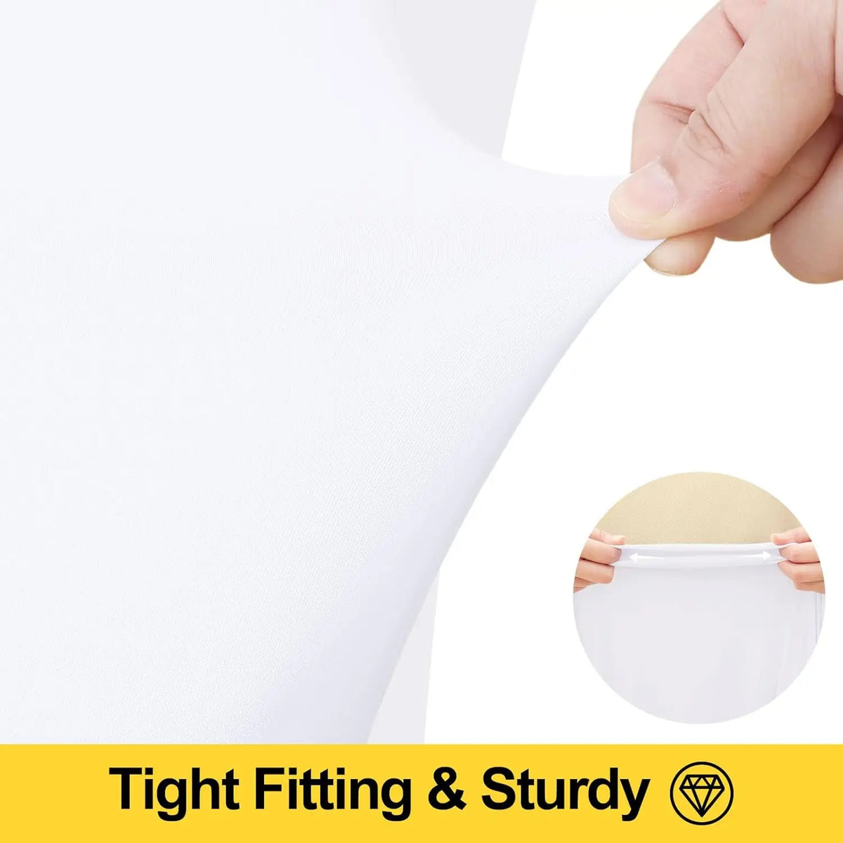 Hand pulling a white elastic fitted spandex tablecloth for 6ft rectangular tables to show its tight fitting and sturdy qualit