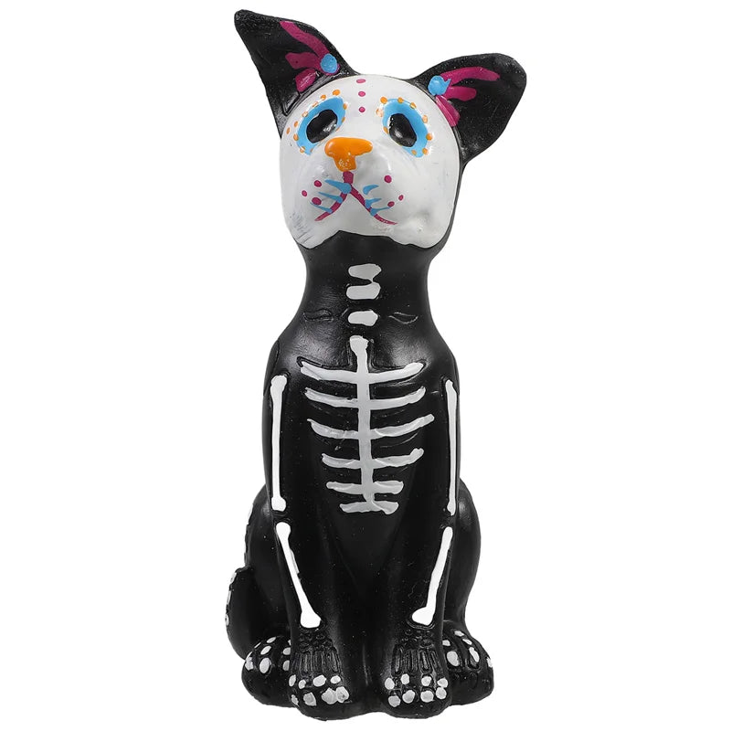A resin figurine set depicting a dog and cat face with vibrant colors and skeletal features.