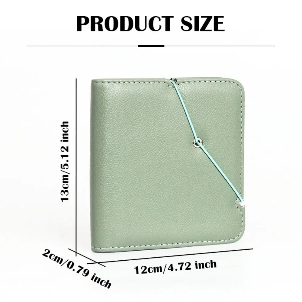 A light green PU leather photo album with a stitched closure, shown with dimensions.