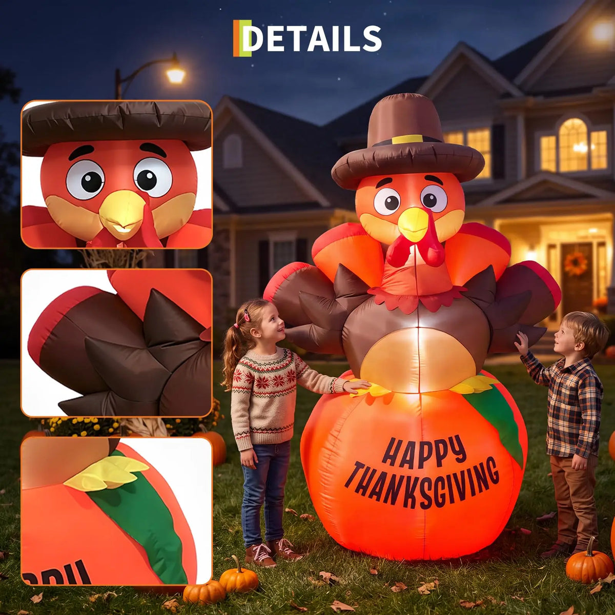 A large orange inflatable pumpkin turkey with LED lights is displayed outdoors in a garden setting.