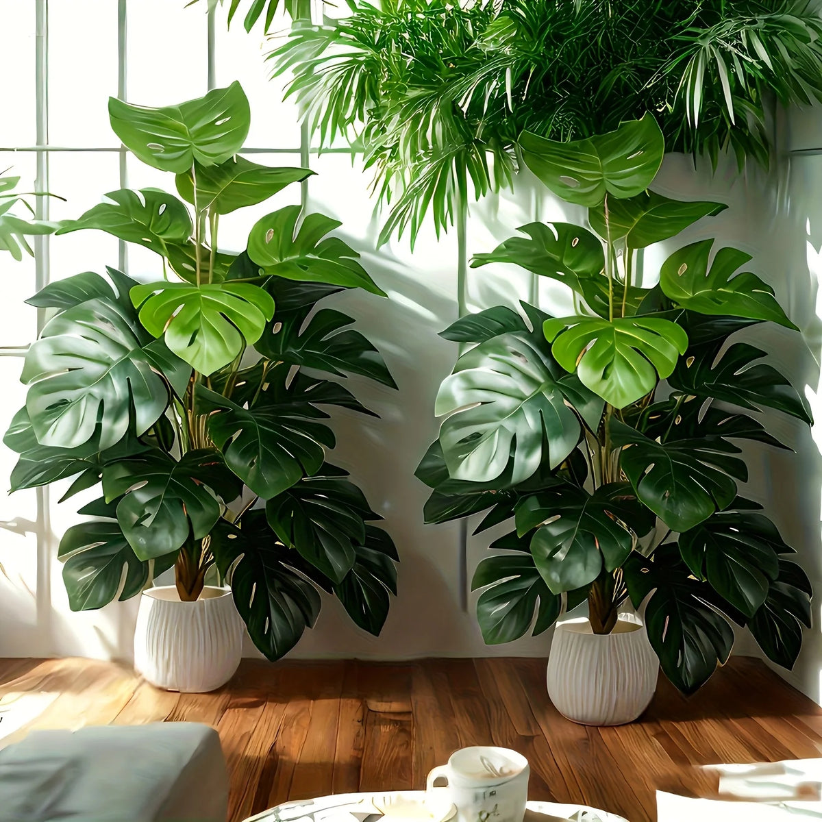 Two large artificial monstera palm plants with lush green leaves displayed in white pots on a wooden surface.