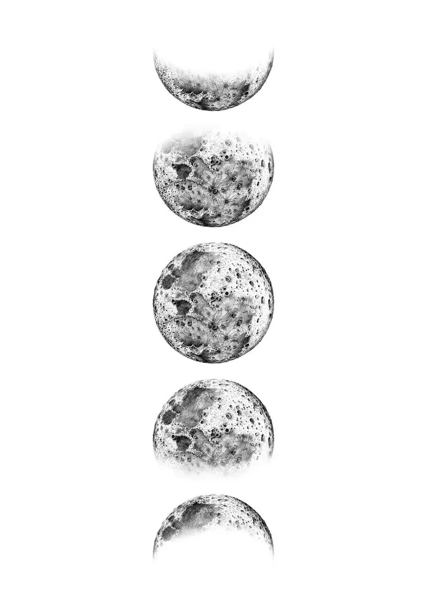 A vertical series of black and white moon phases, showing the moon from crescent to gibbous and full.